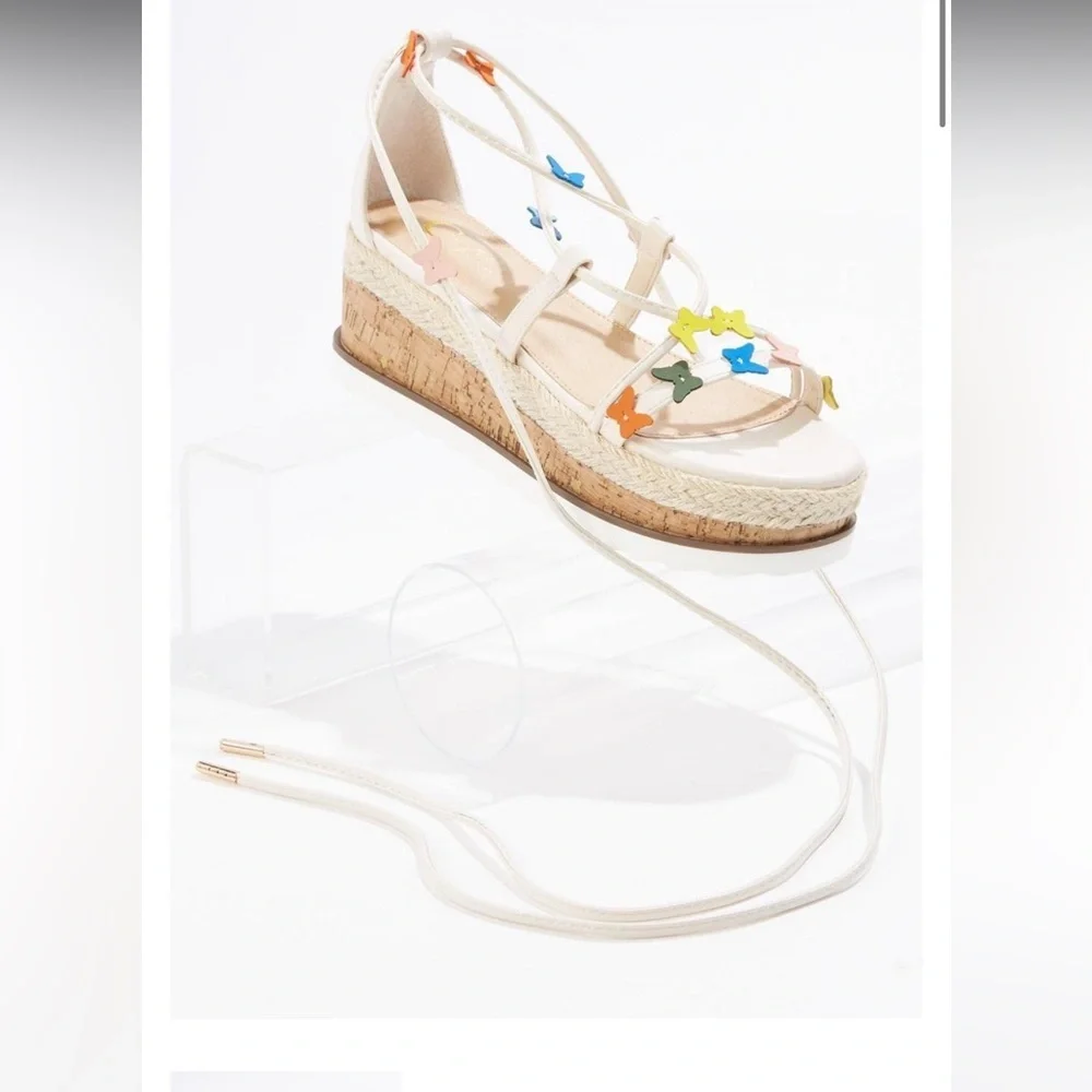 WOMENS BUTTERFLY ANKLE WRAP WEDGES NATURAL